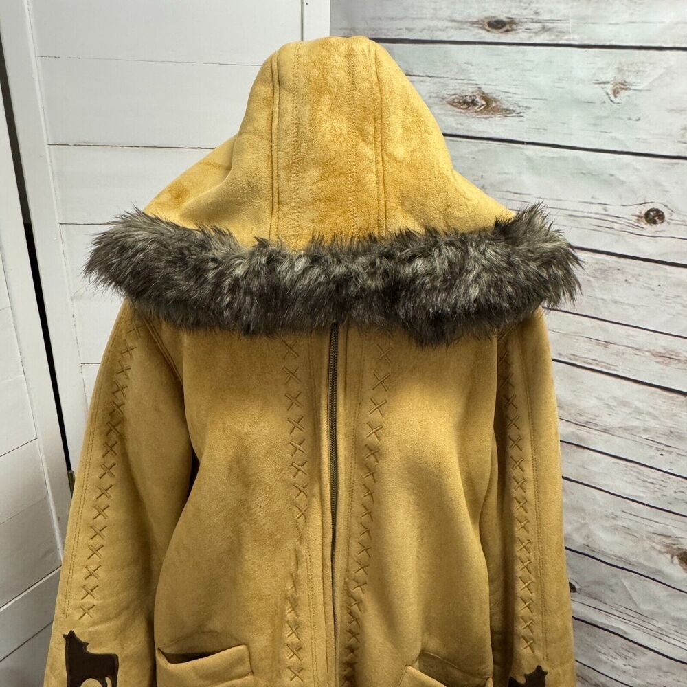Coldwater Creek Wolf Coat Jacket Tan Faux Suede Lined Full Zip Fur Hooded Medium - Picture 5 of 14